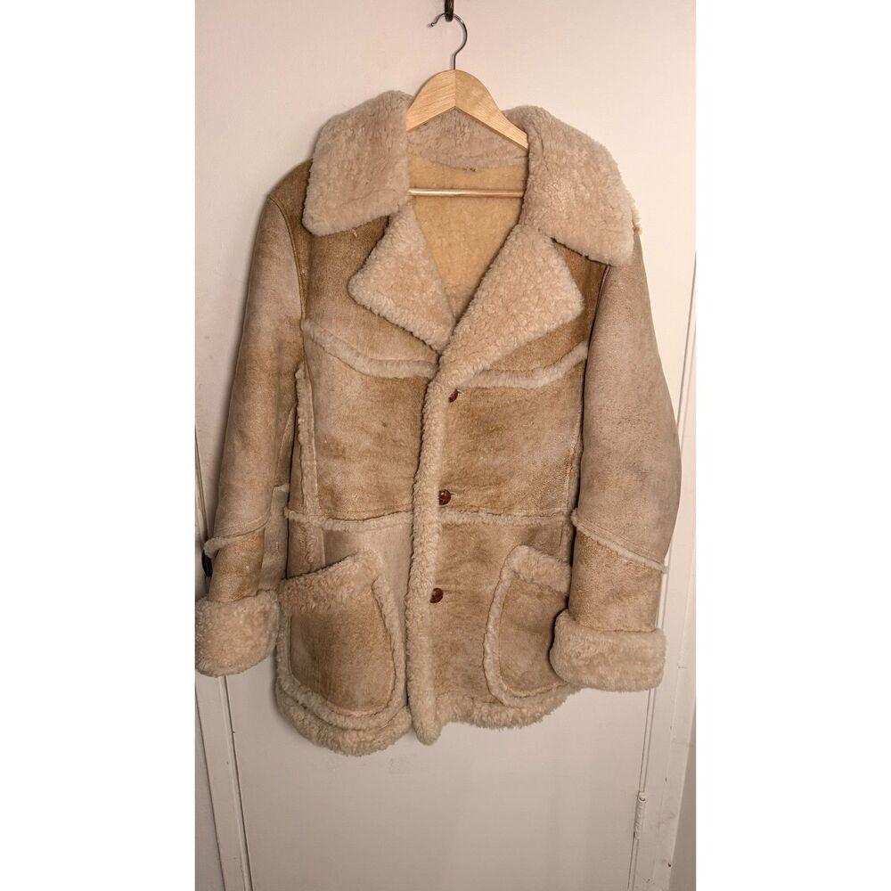 Vintage 70s 80s Silverwoods Pure Wool Shearling Suede Rancher Coat Mens 40